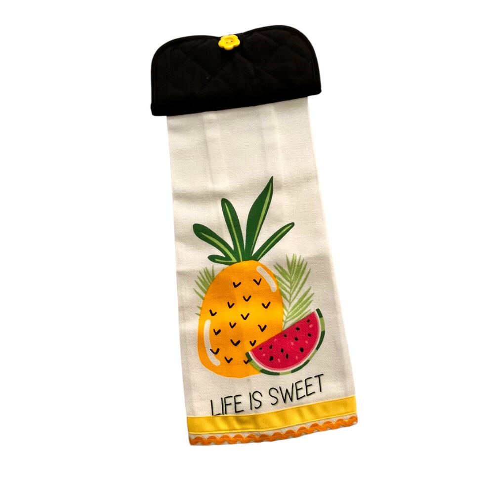 Life is Sweet Hanging HandTowel Handmade Gift Tropical Summer Yellow White Fruit